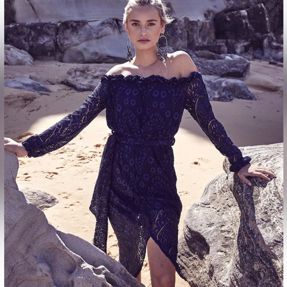 JAASE Adele Elegant Navy Lace Off-Shoulder Midi Dress